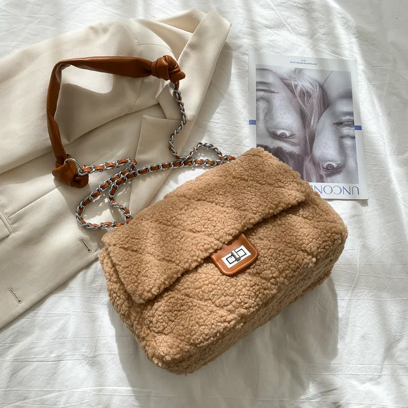 Large Capacity Lamb Hair Bag Women Messenger Bag - Brown