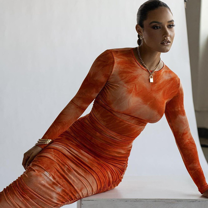 Printed Round Neck Dress Slim Slimming Hip Skirt Women