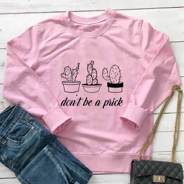 Cactus Print T shirt Pullover Long Sleeve Round Neck Sweatshirt Pink - Shop at LoveMi