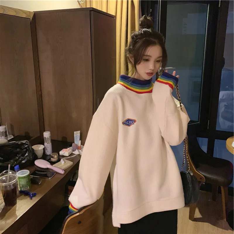 New Korean Style Loose Rainbow Half High Collar Thin Coat - Apricot