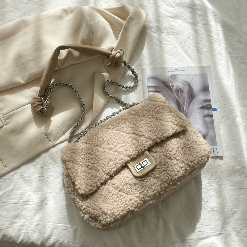 Large Capacity Lamb Hair Bag Women Messenger Bag Khaki - Shop at LoveMi