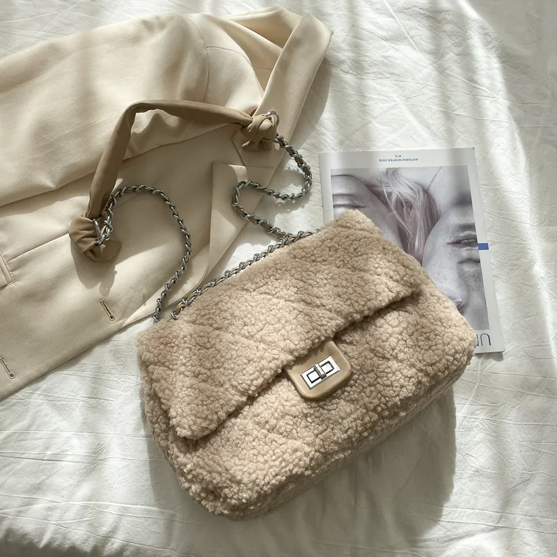 Large Capacity Lamb Hair Bag Women Messenger Bag - Khaki