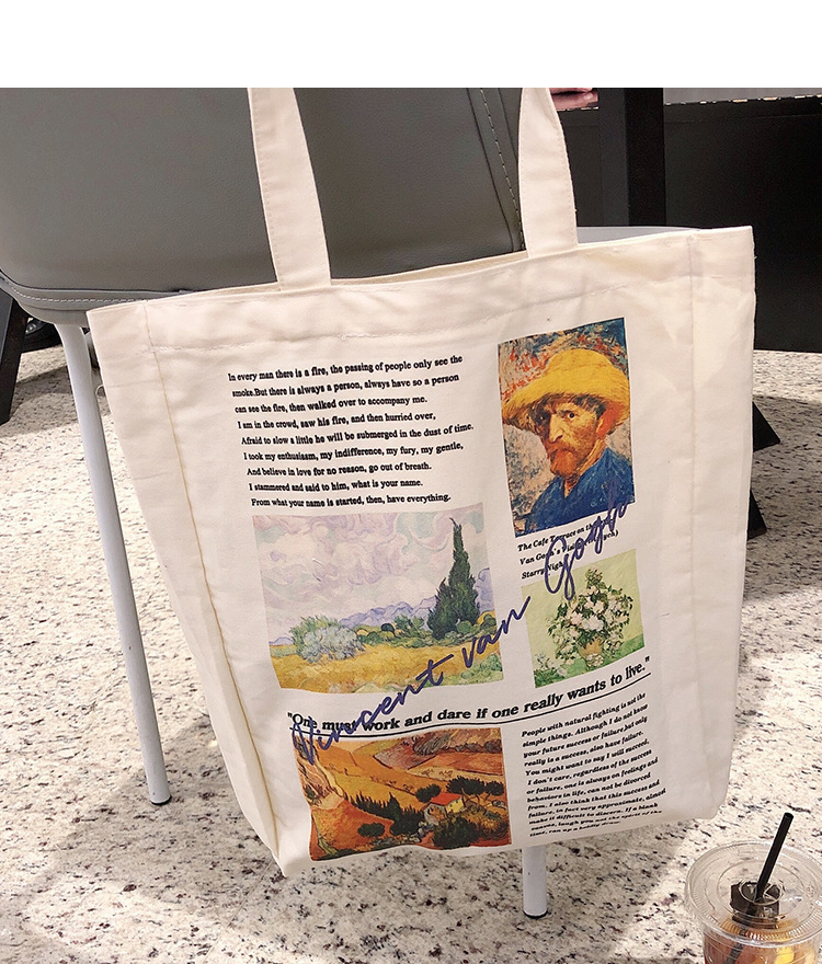 Literature And Art Homemade Retro Printed Canvas Bag Simple Ins Niche Shopping Bag Female Cloth Bag