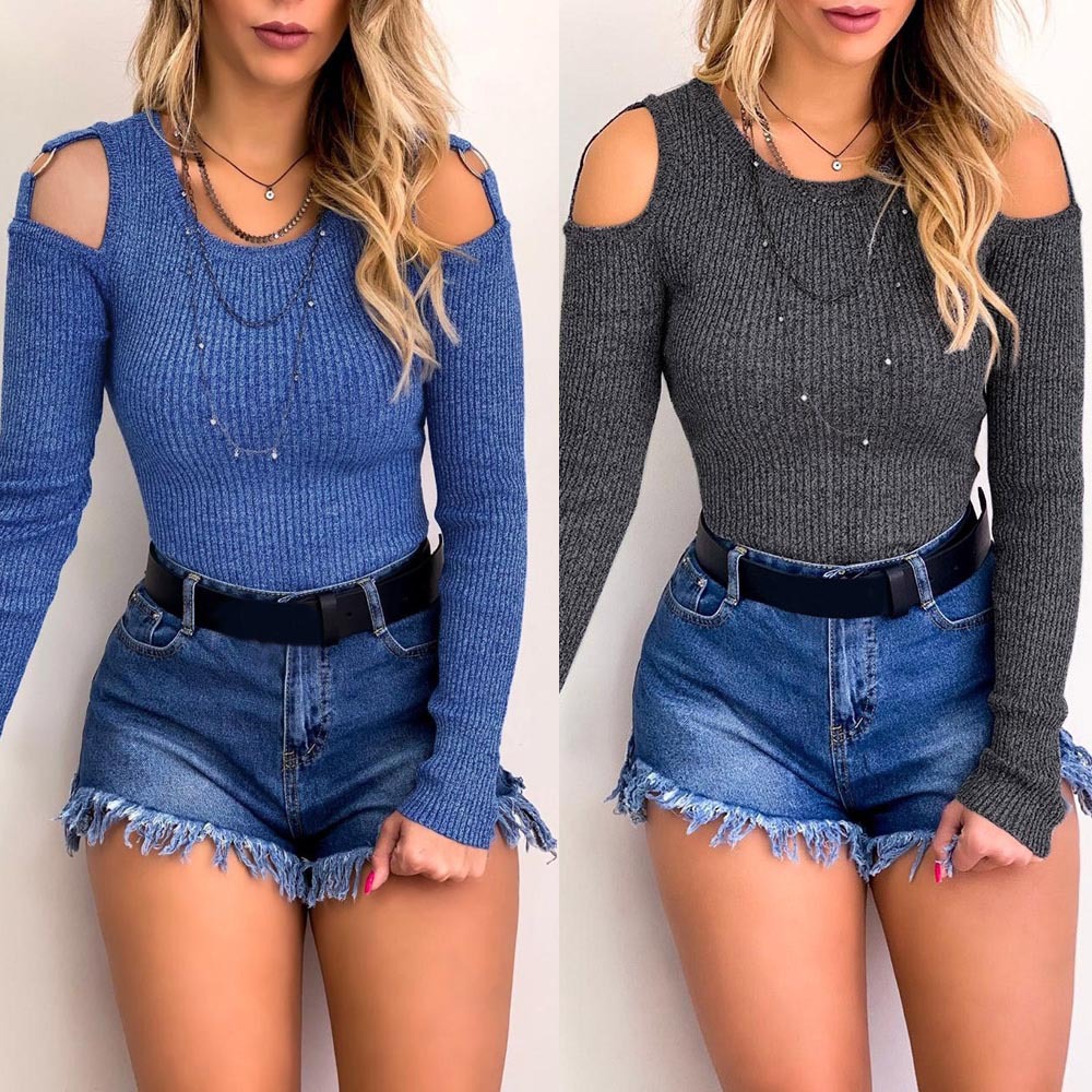Sexy Top With Round Neck And Long Sleeves In Solid Color