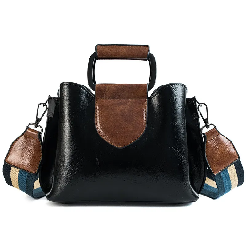 Oil wax leather bucket bag color shoulder strap handbag - Black