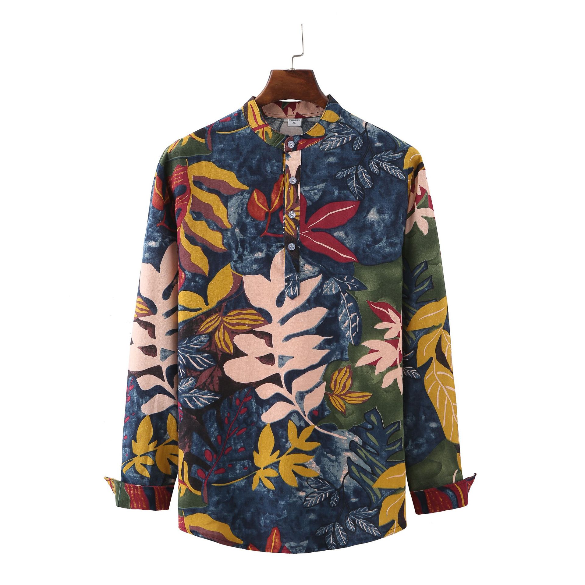 Long Sleeve Linen Lndian Ethnic Style Men's Floral Shirt