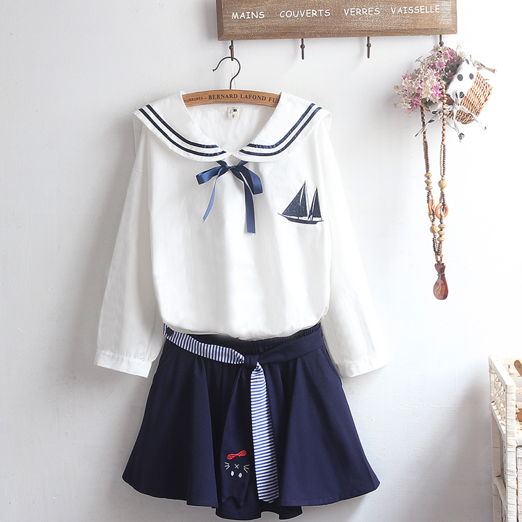 Japanese soft girl navy lace sailing embroidered skirt