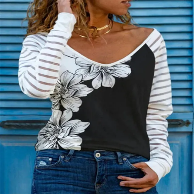 Printed V Neck Long Sleeve All Match Bottoming T Shirt 6Style S - Shop at LoveMi
