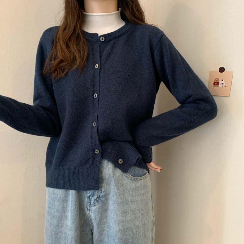 Loose Cashmere Padded Long Sleeved Sweater Cardigan Navy Blue - Shop at LoveMi