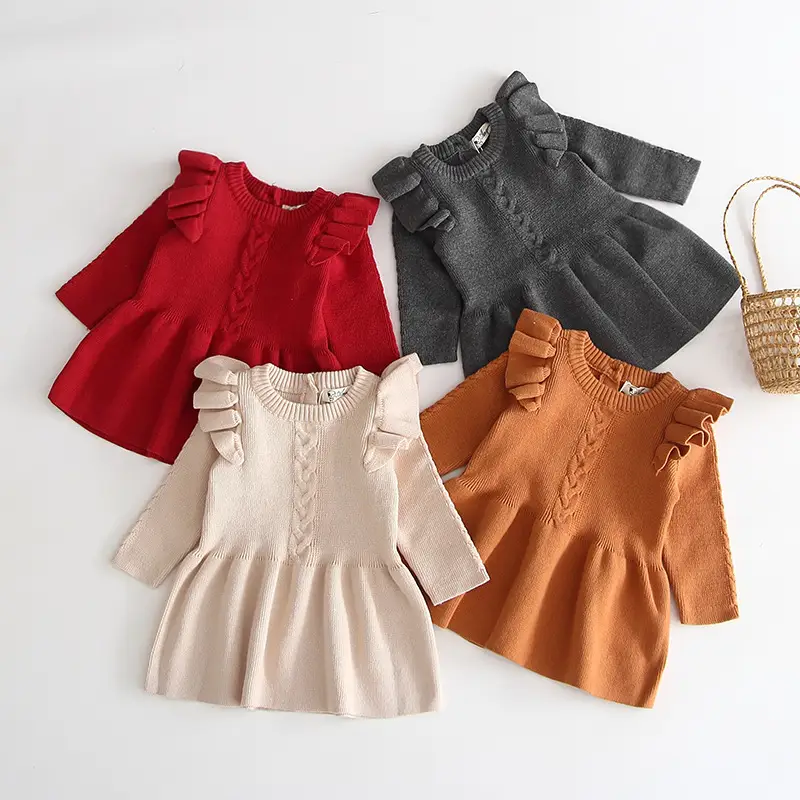 Girls Knitted Long-sleeved Solid Color Dress
