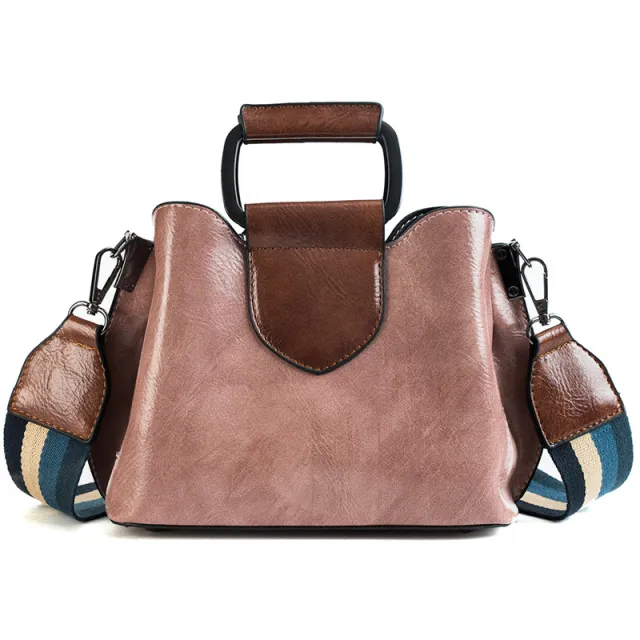 Oil wax leather bucket bag color shoulder strap handbag Pink - Shop at LoveMi