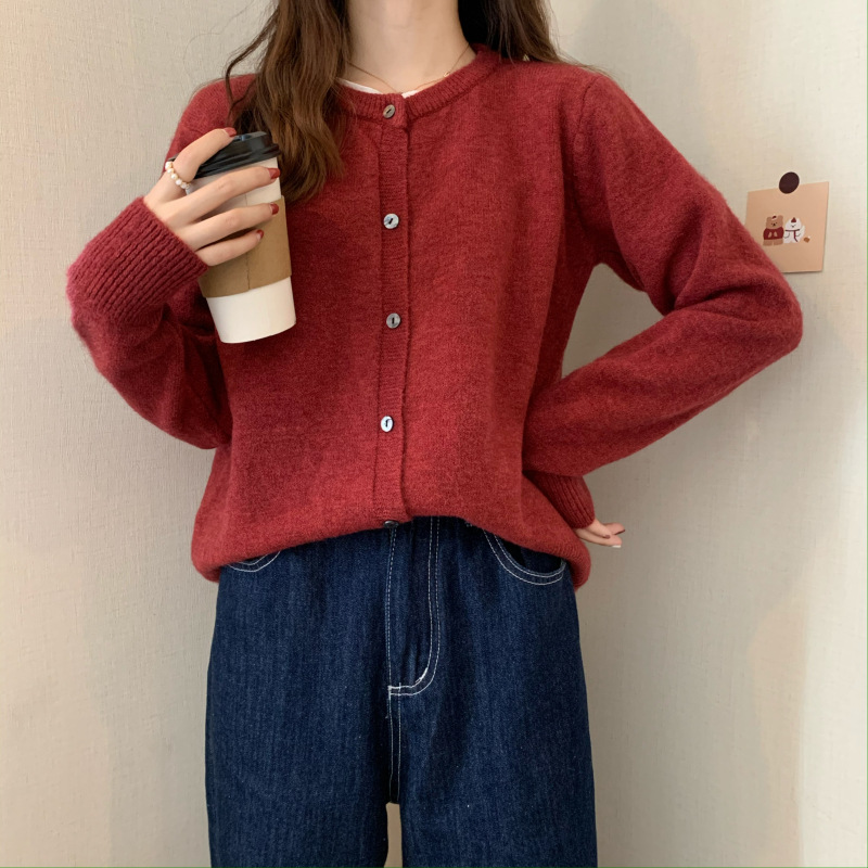 Loose Cashmere Padded Long Sleeved Sweater Cardigan Red - Shop at LoveMi