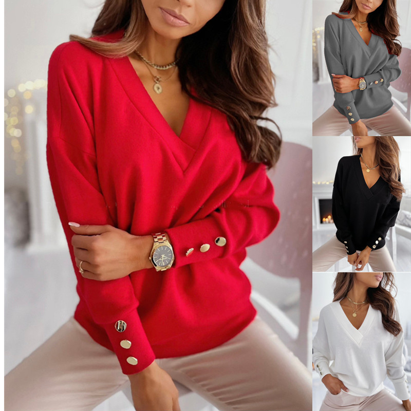 Spring And Summer Simple Solid Color Long-sleeved V-neck Button Bottoming Shirt Top
