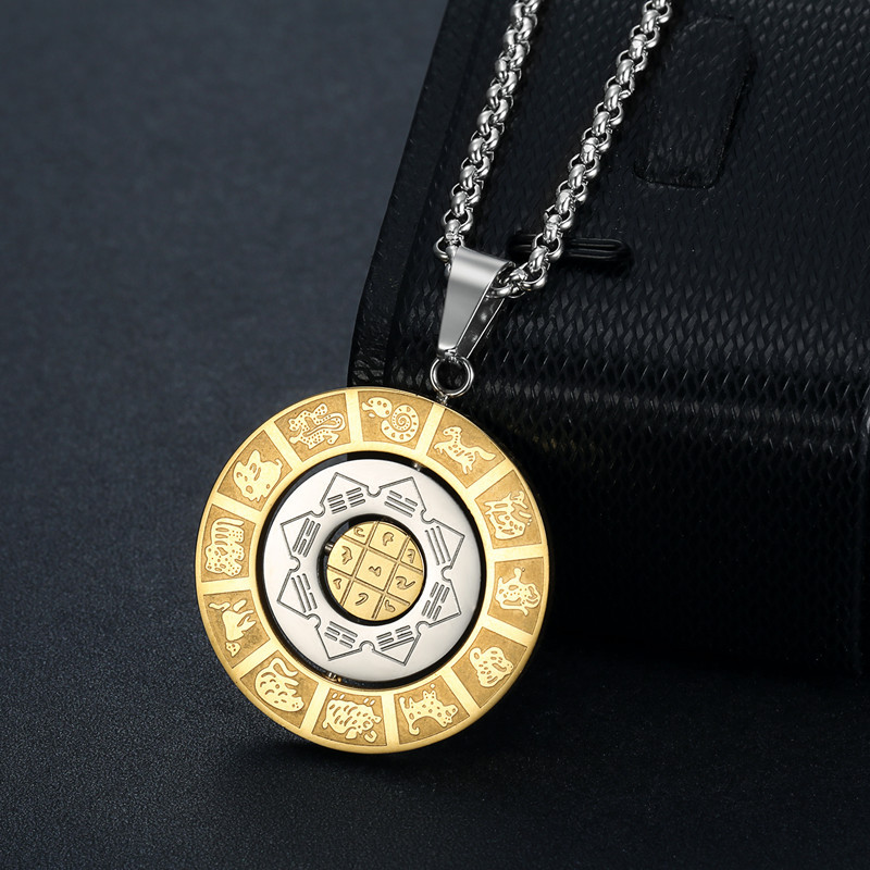 Rotating Zodiac Nine Palaces Bagua Stainless Steel Men's Pendant