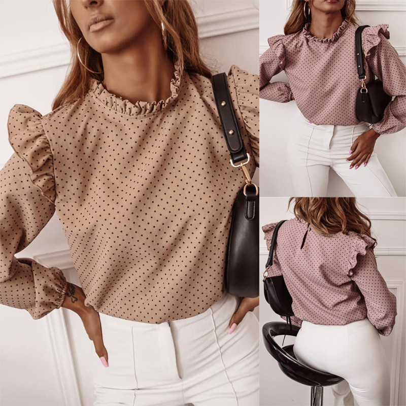 Ruffled Round Neck Pullover Polka Dot Shirt Top Women's Long-sleeved Sweater