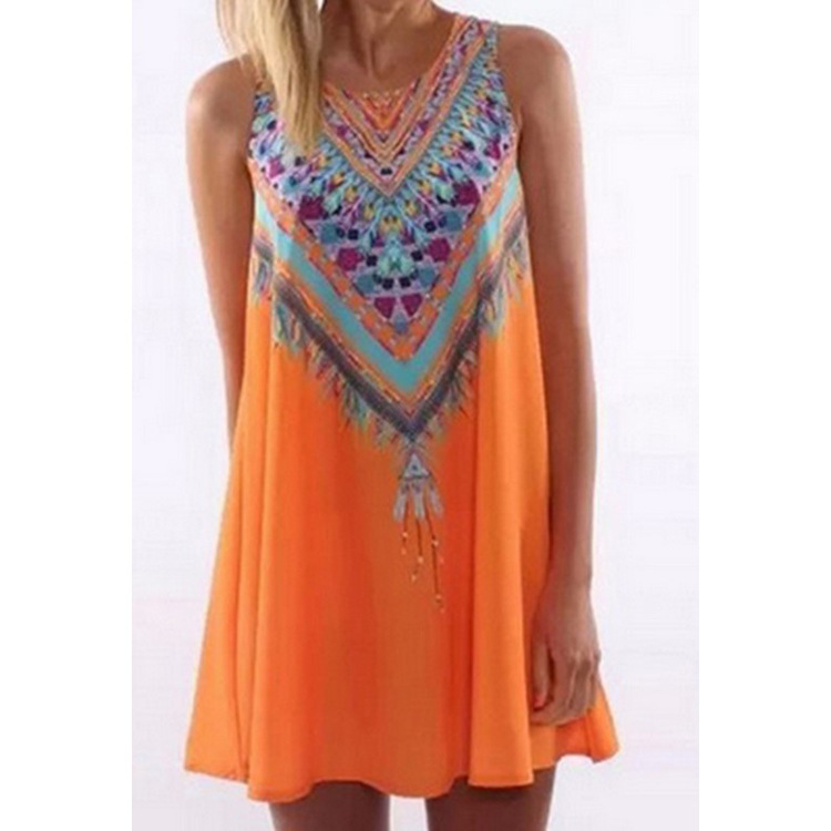 Retro digital print round neck dress