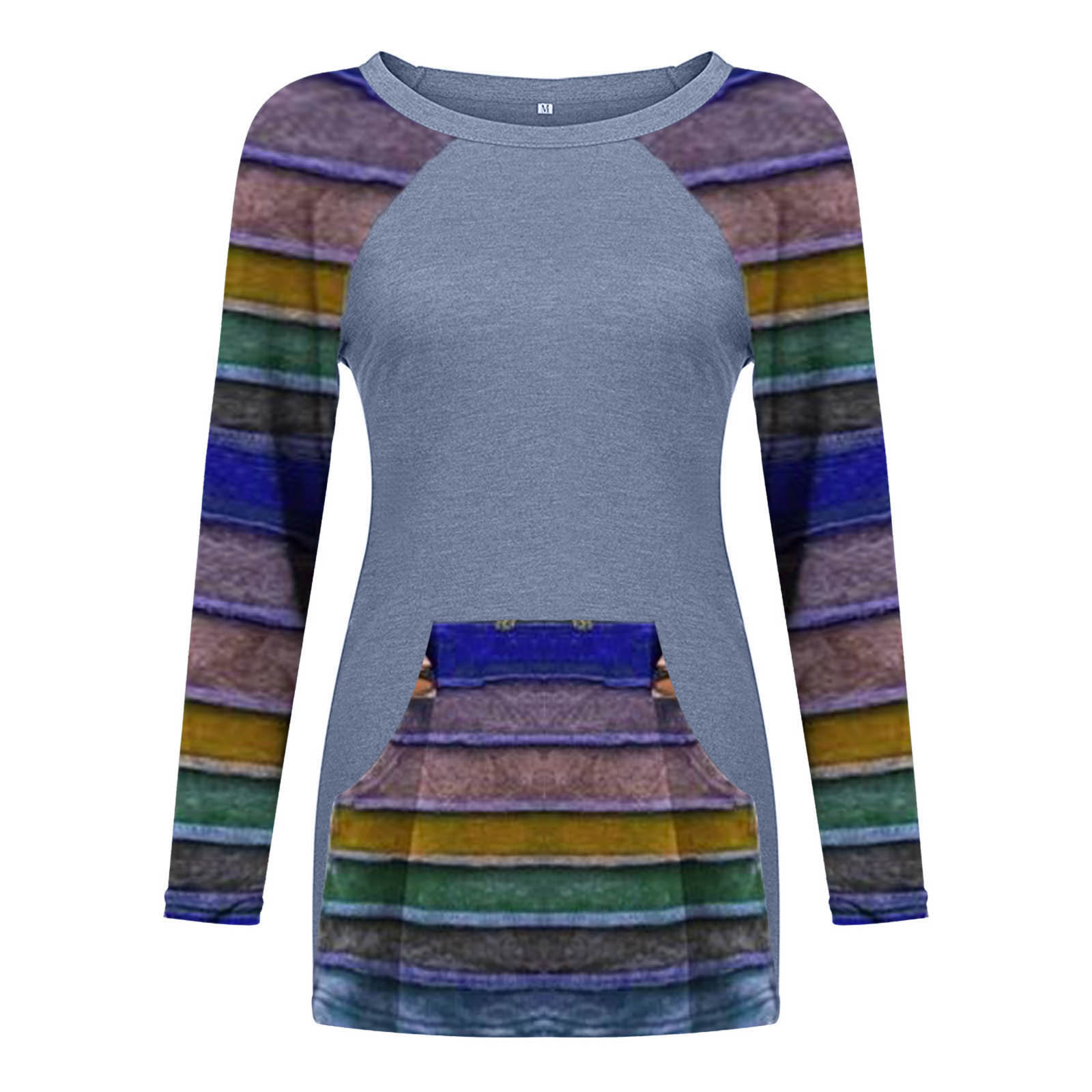 Fake Pocket Print Loose Round Neck Long Sleeve T-shirt Women