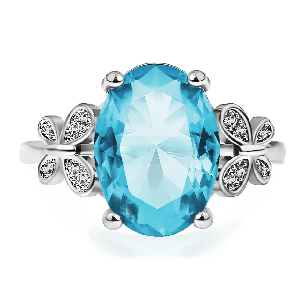 Oversized Sea Blue Zircon Ladies Ring Simple