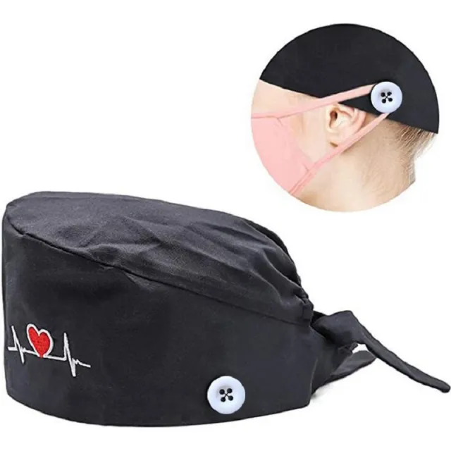 Solid Color Button Sweat absorbent Embroidery Electrocardiogram Printing Doctor Cap Black - Shop at LoveMi