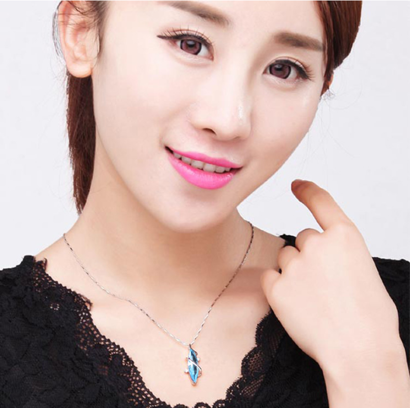 Sterling Silver Blue Crystal Necklace Chain Pendant  Lady