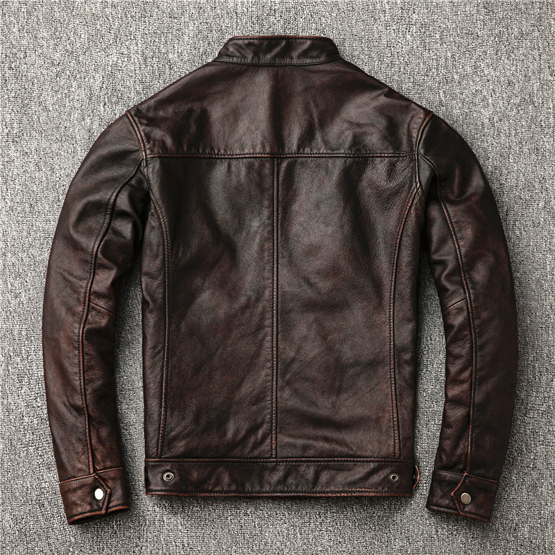 Top Layer Cowhide Vintage Distressed Stand-up Collar Motorcycle Leather Jacket