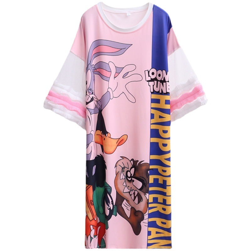 Mid-length Cartoon-print Lace Short-sleeved Round Neck T-shirt