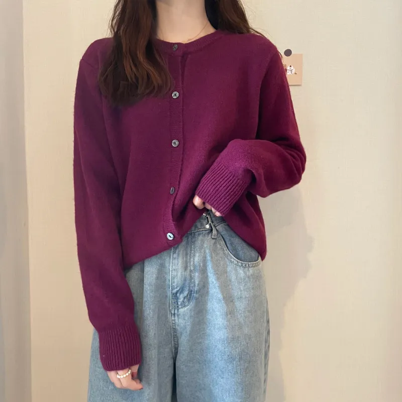 Loose Cashmere Padded Long-Sleeved Sweater Cardigan - Purple