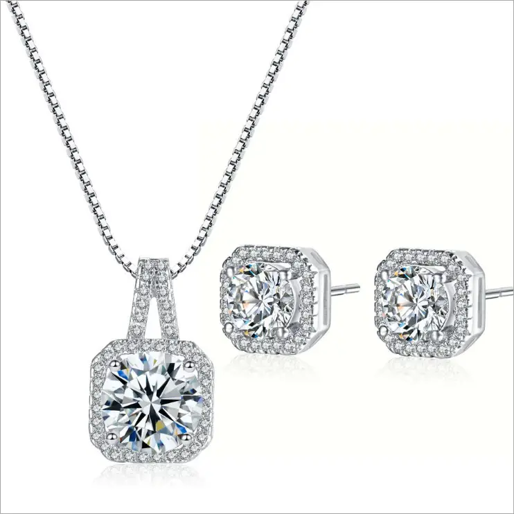 Stylish Simple Zircon Square Diamond Collarbone Chain Earring Set