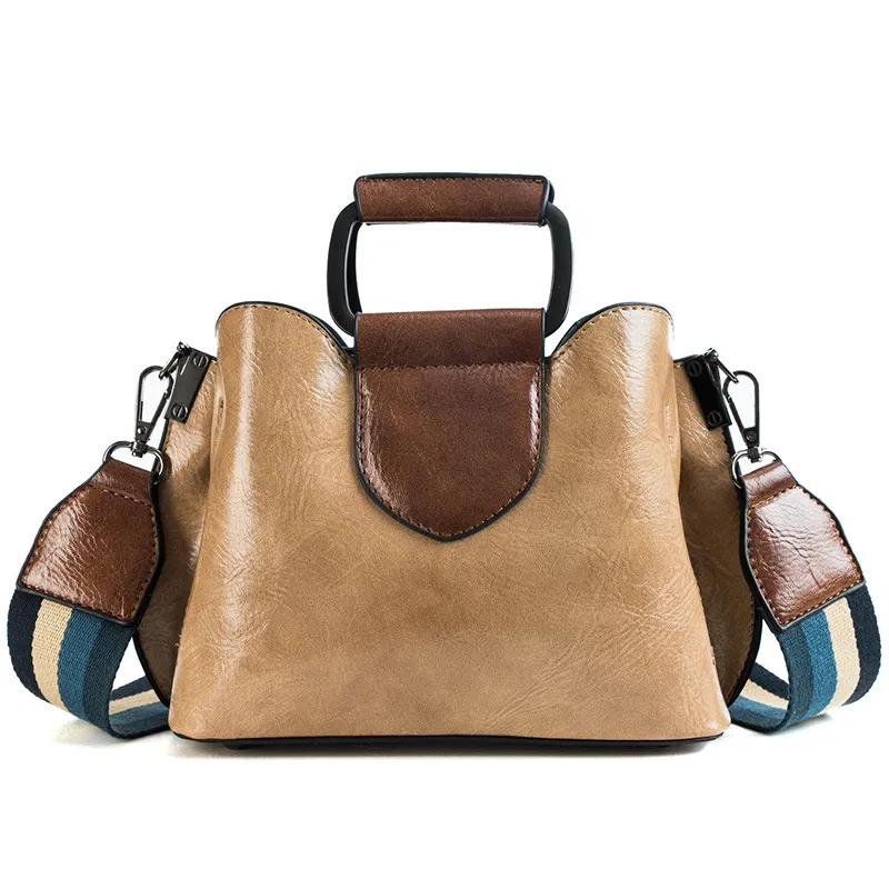 Oil wax leather bucket bag color shoulder strap handbag - Khaki