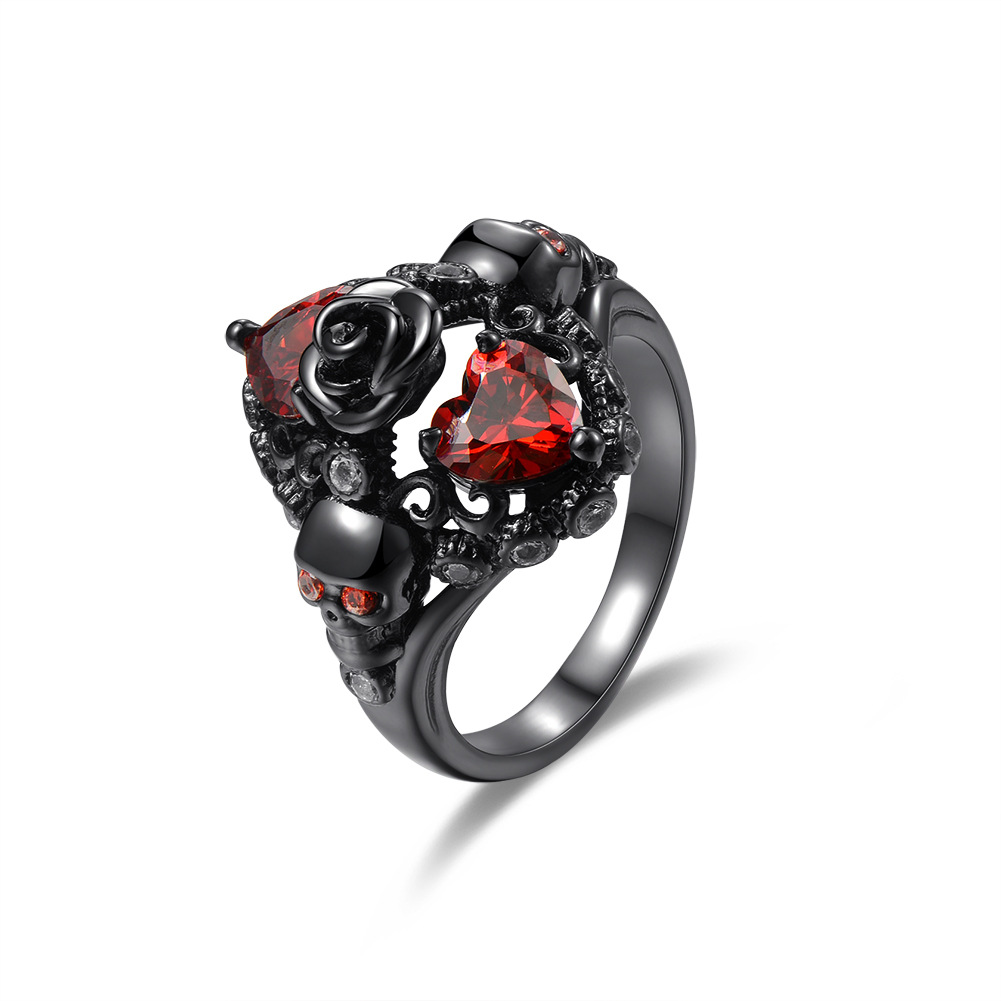 Rose Skull Ring Heart Shape Red Zircon Punk Ring Accessories