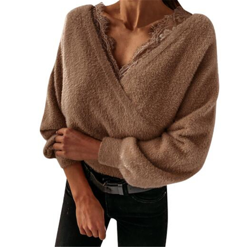 Solid Color Lace Sling Flannel Long Sleeve Top