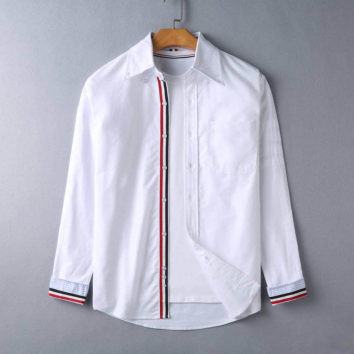 White Four-Bar Inner Placket Webbing Long-Sleeved Striped Contrast Casual Shirt