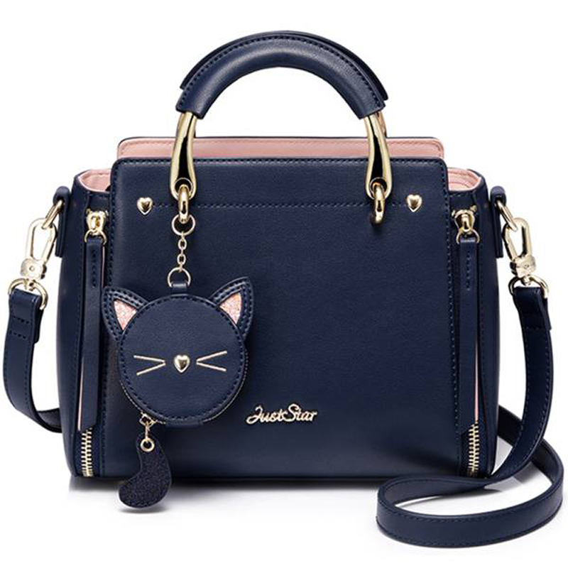 Cute Funny Funny Cute Handbag Blue Leather Cat Embroidery