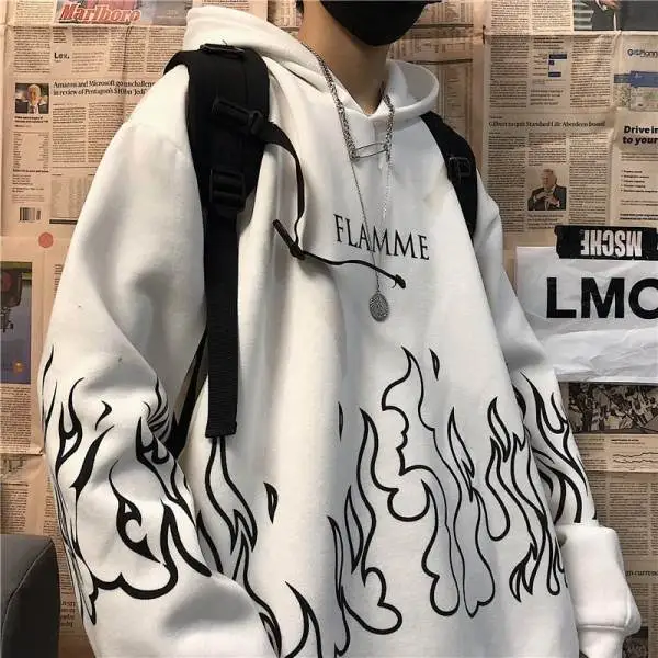 Street Hip Hop Retro Flame Print Loose Hooded Plus Velvet Sweater Trend White - Shop at LoveMi