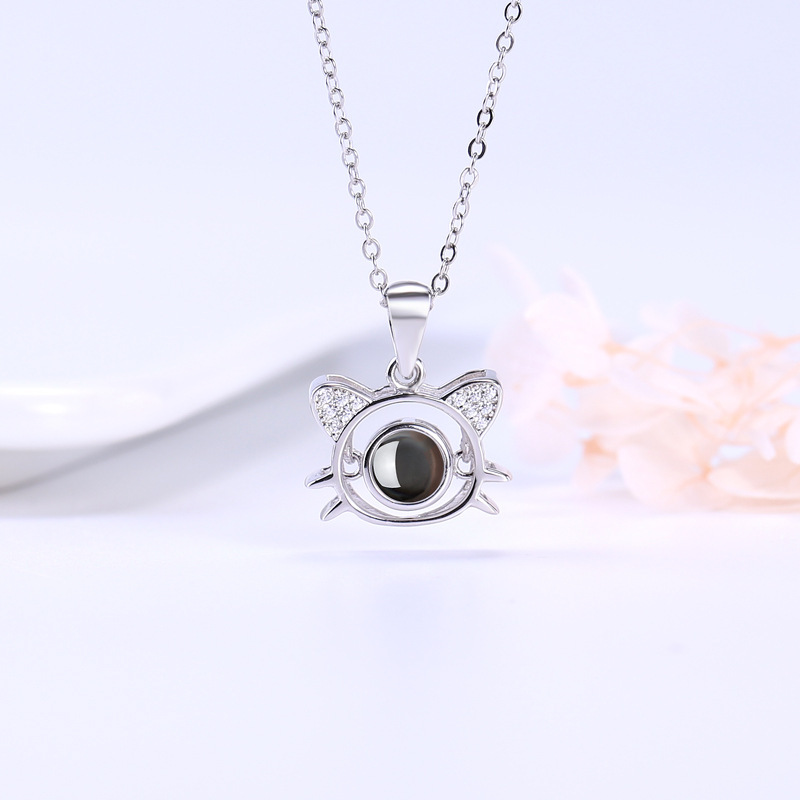 925 Silver Cute Cat Customized Color Photo Necklace
