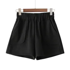 Women's High Waist Wide Leg Woolen Shorts - Black - View 1