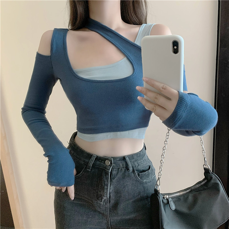 Long Sleeve Hollow Design Short Slim Bottoming T-Shirt