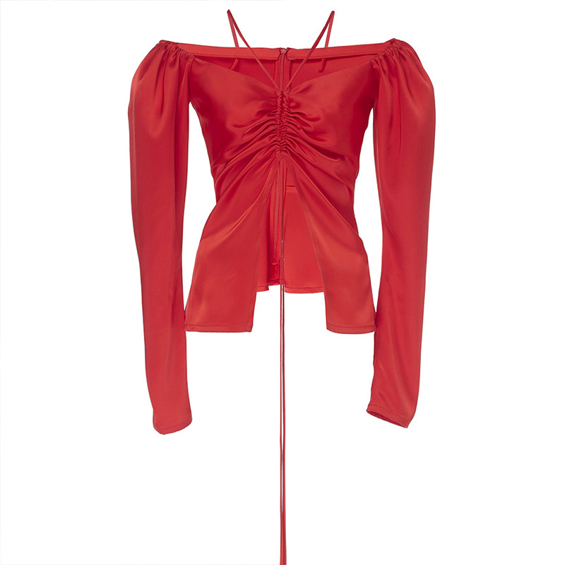 Long Sleeve One Shoulder Top Two Piece Red Suit