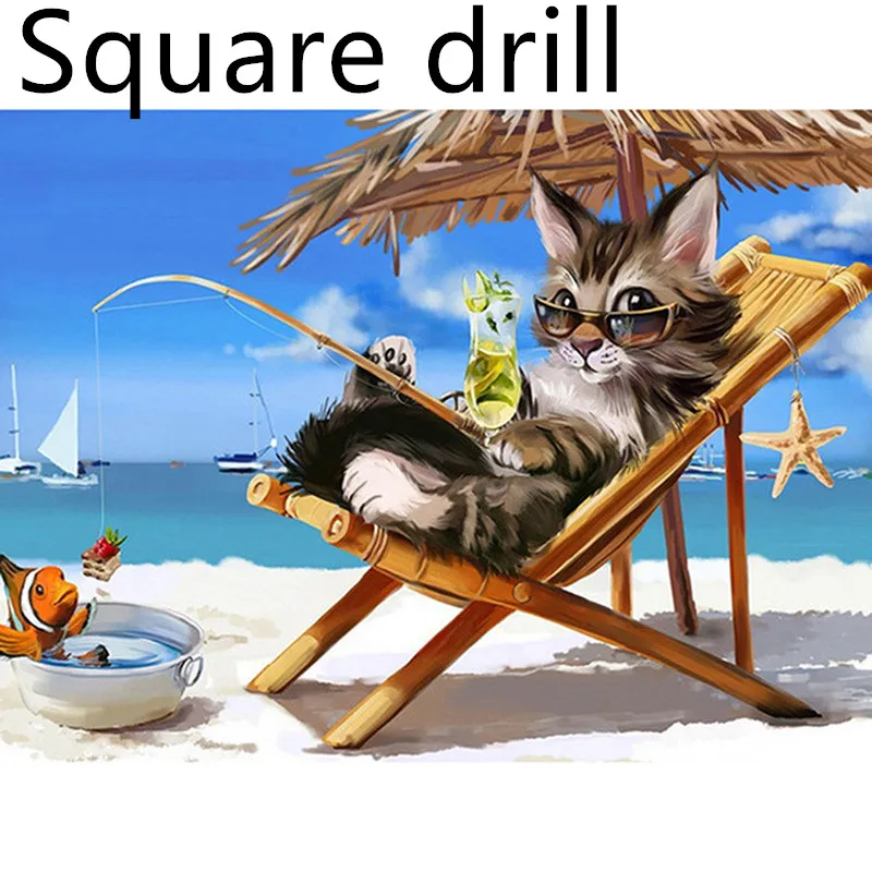 DIY Diamond Painting Of Hand-made Beach Fishing Cat - Cat Square Drill