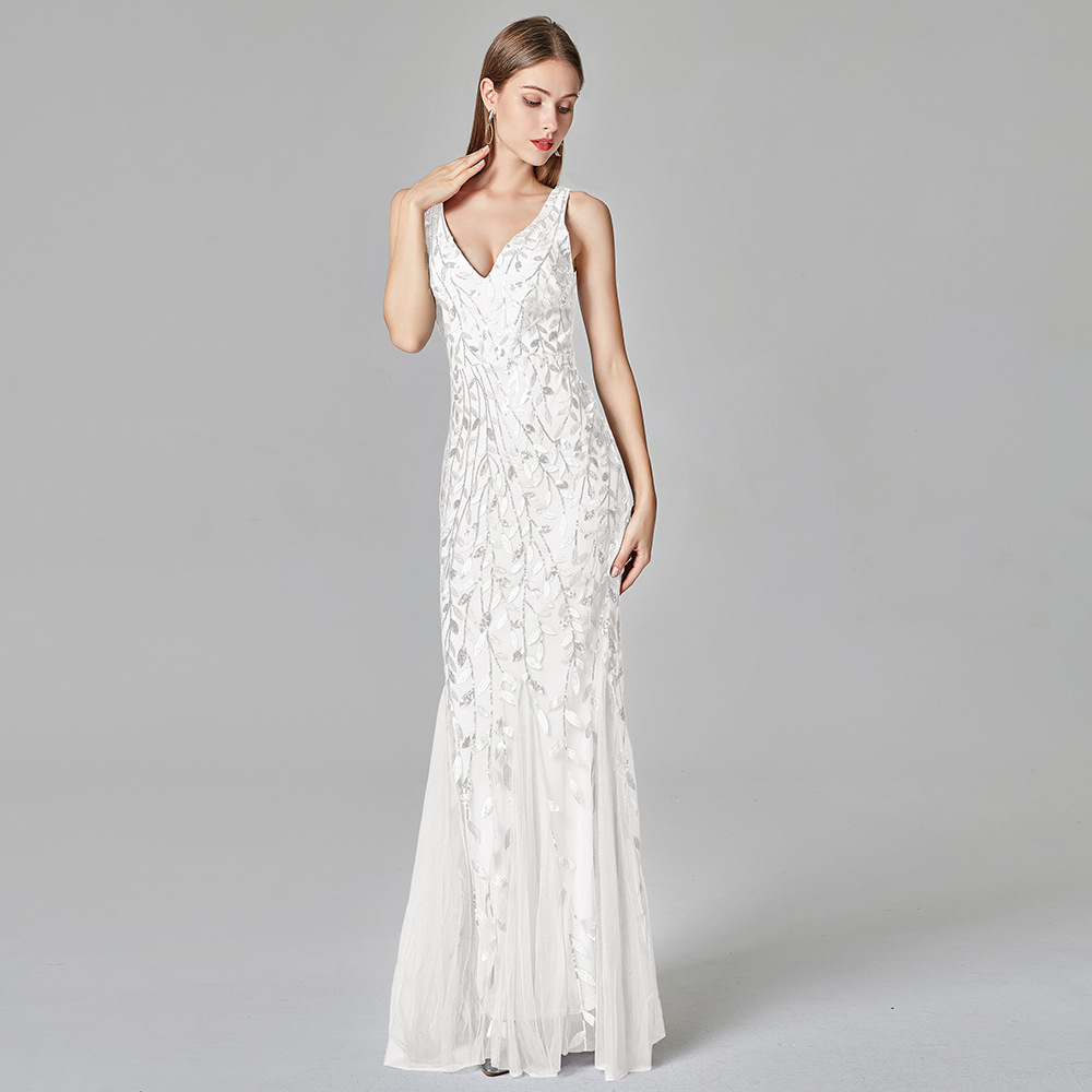 Sexy Long Dress Sleeveless V neck Embroidered Sequin Slim Mermaid Dress White - Shop at LoveMi