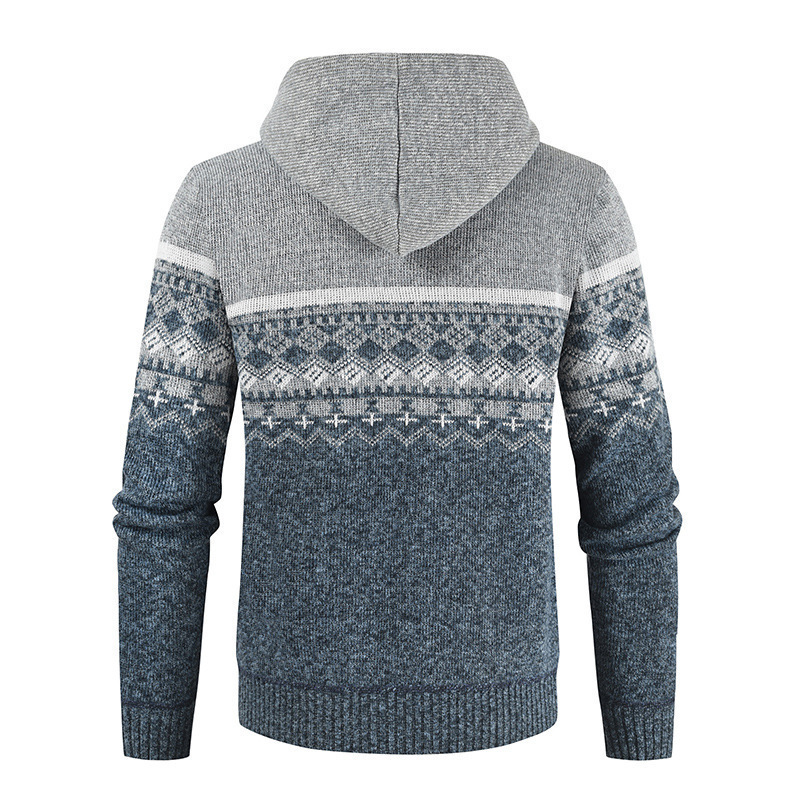 Hooded Plush Sweater Contrast Casual Zipper Knitting