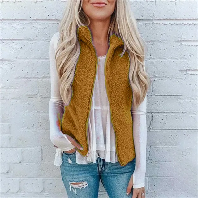 Pure Color Plush Vest With Pocket Zipper Yellow - Shop at LoveMi