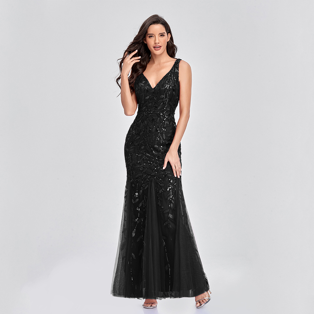Sexy Long Dress Sleeveless V neck Embroidered Sequin Slim Mermaid Dress Black - Shop at LoveMi