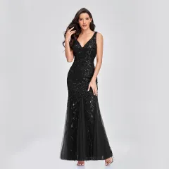 Sexy Long Dress Sleeveless V-neck Embroidered Sequin Slim Mermaid Dress - Black - View 1