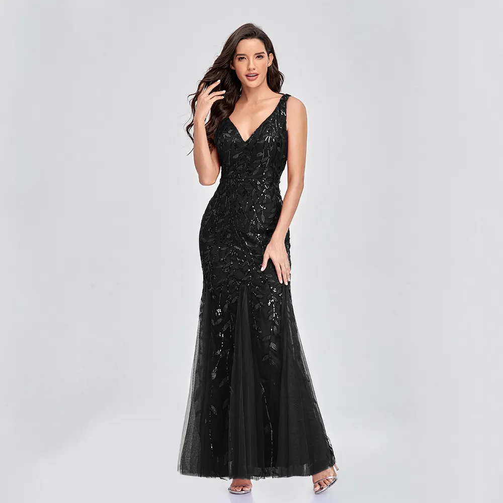Sexy Long Dress Sleeveless V-neck Embroidered Sequin Slim Mermaid Dress - Black