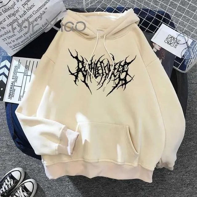 Street Hip hop Retro Flame Print Loose Hooded Plus Velvet Sweatshirt Khaki - Shop at LoveMi