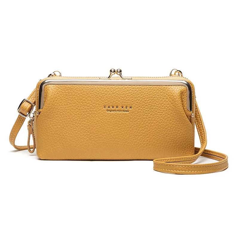 Korean Style Horizontal Lychee Pattern Diagonal Bag - Yellow