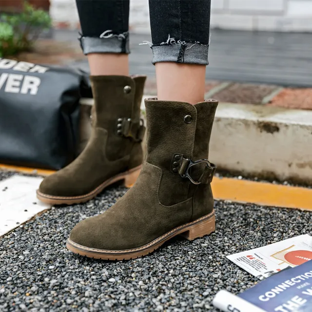 Middle Leg Boots With Round Toe Belt Buckle Green - Shop at LoveMi