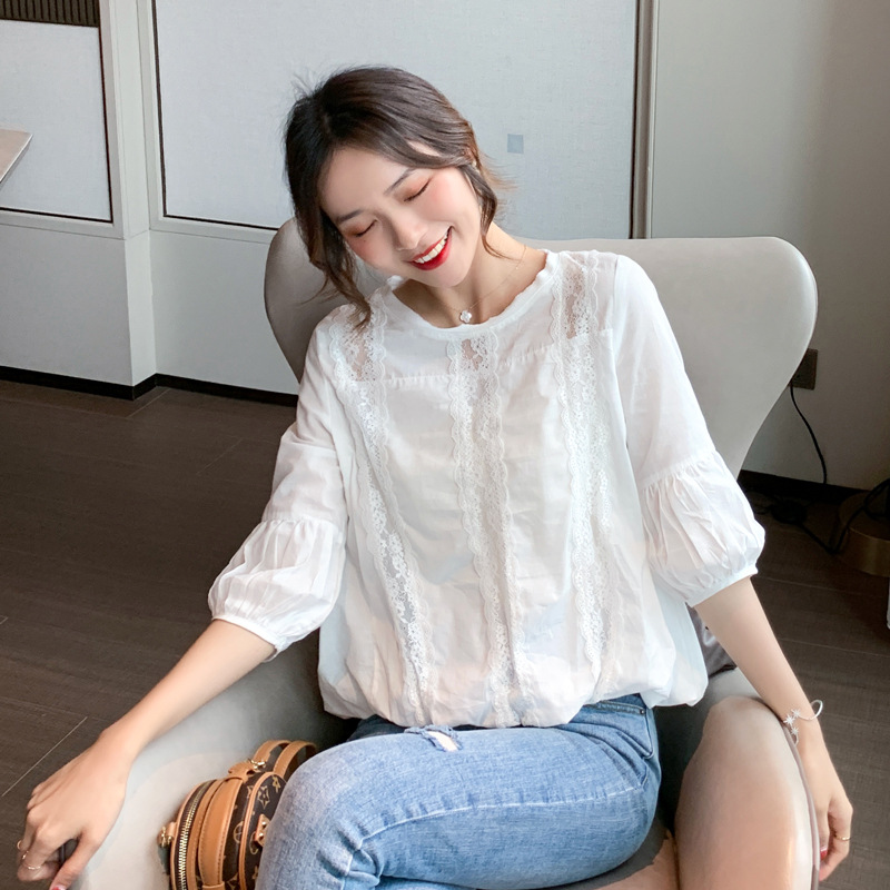 White Lantern Sleeve Chiffon Shirt All-match Cotton Top