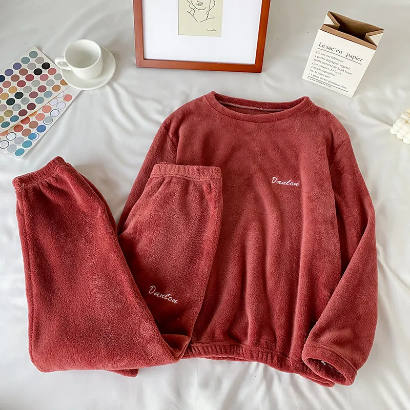 Home Pyjamas Fairy Warm Coral Velvet Fashion Two Piece Set - Red 4 Sets